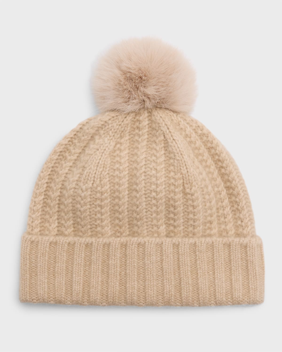 Sofia Cashmere Braided Knit Cashmere Beanie With Faux Fur Pom In Plaited Oatmeal