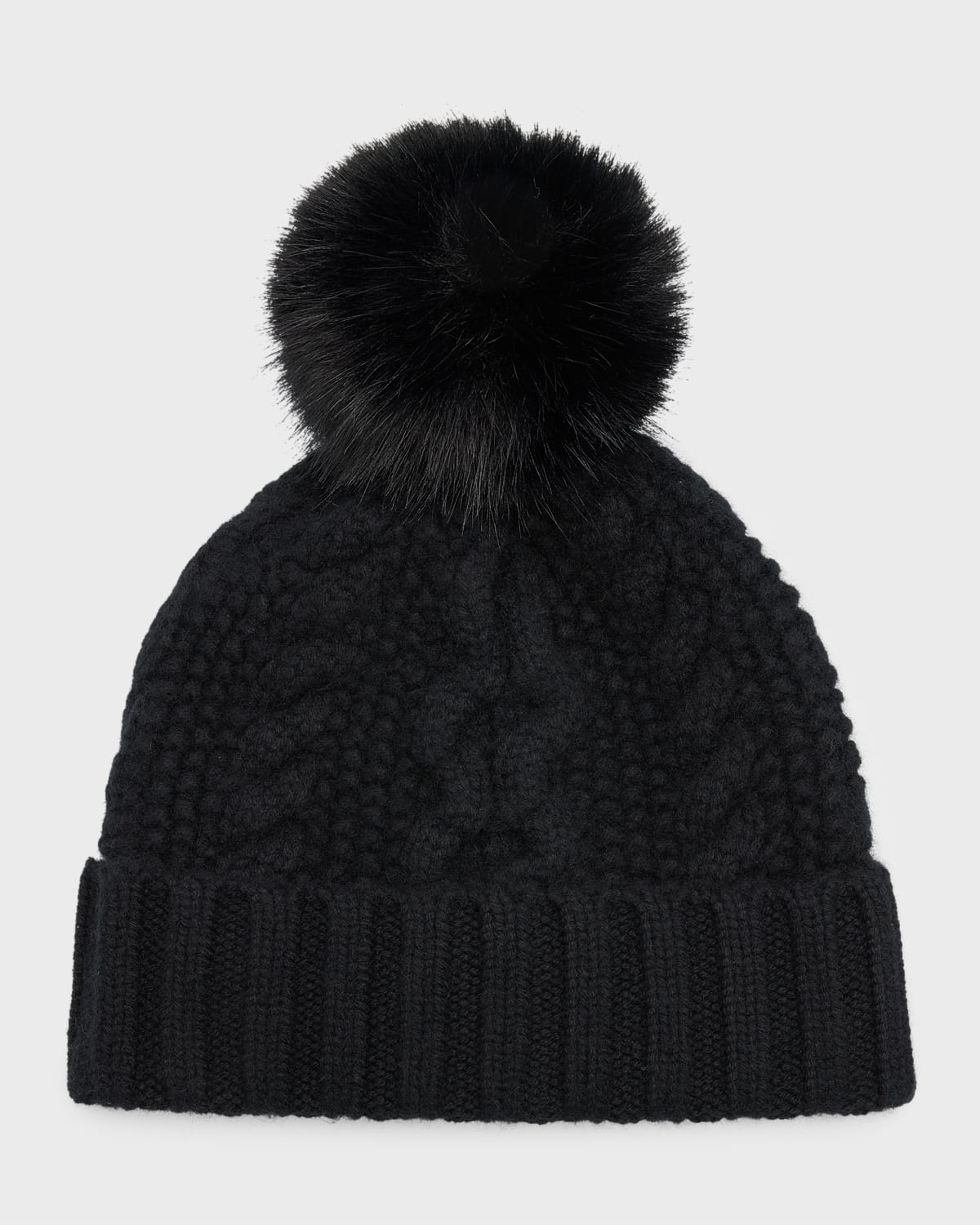 Chunky Cable Knit Cashmere Beanie With Faux Pom