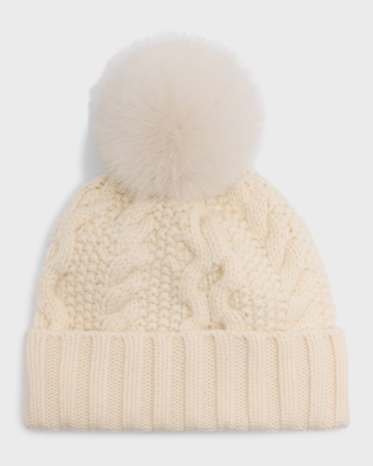 Chunky Cable Knit Cashmere Beanie With Faux Pom