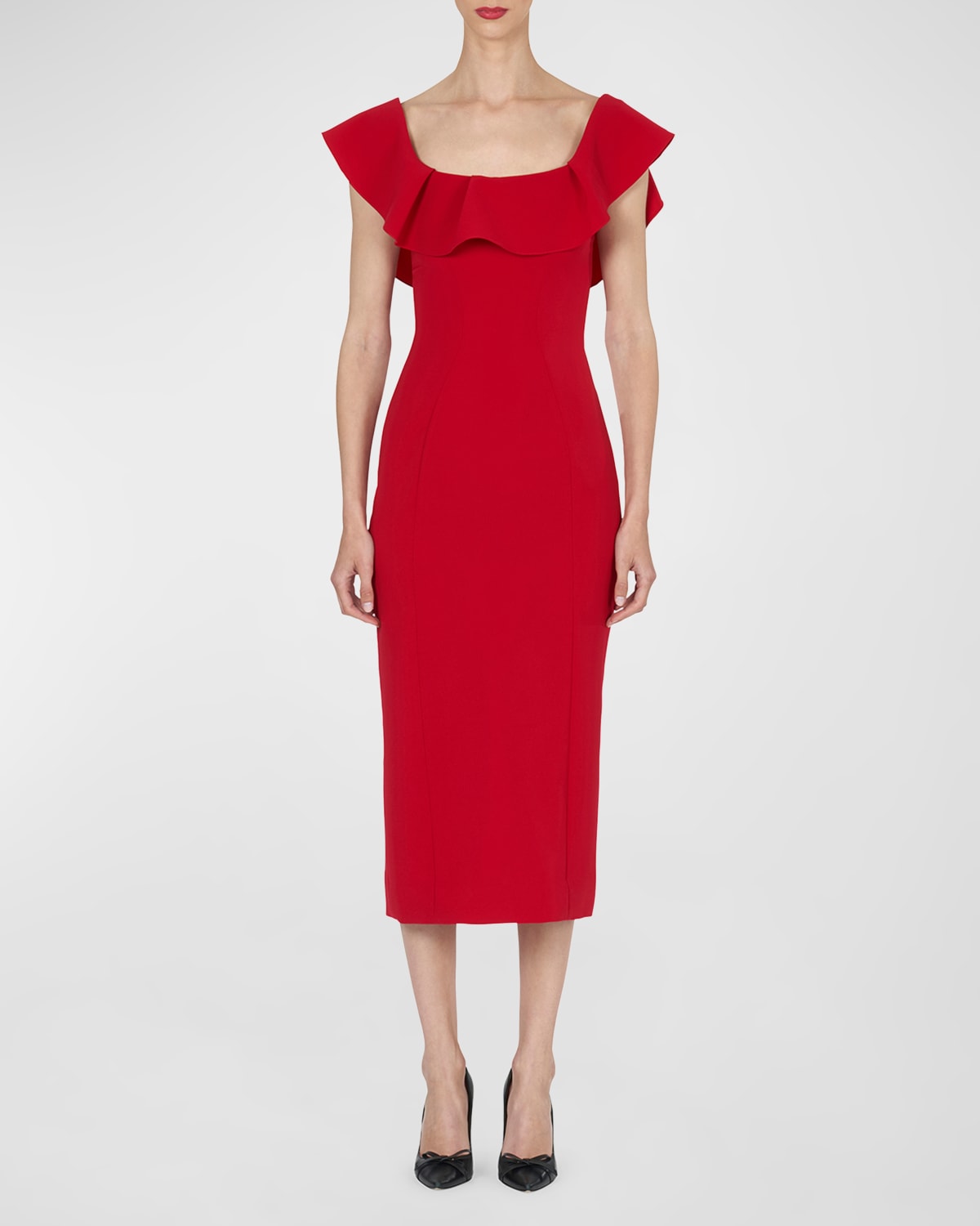 Shop Carolina Herrera Ruffle Off-shoulder Midi Dress In Crimson