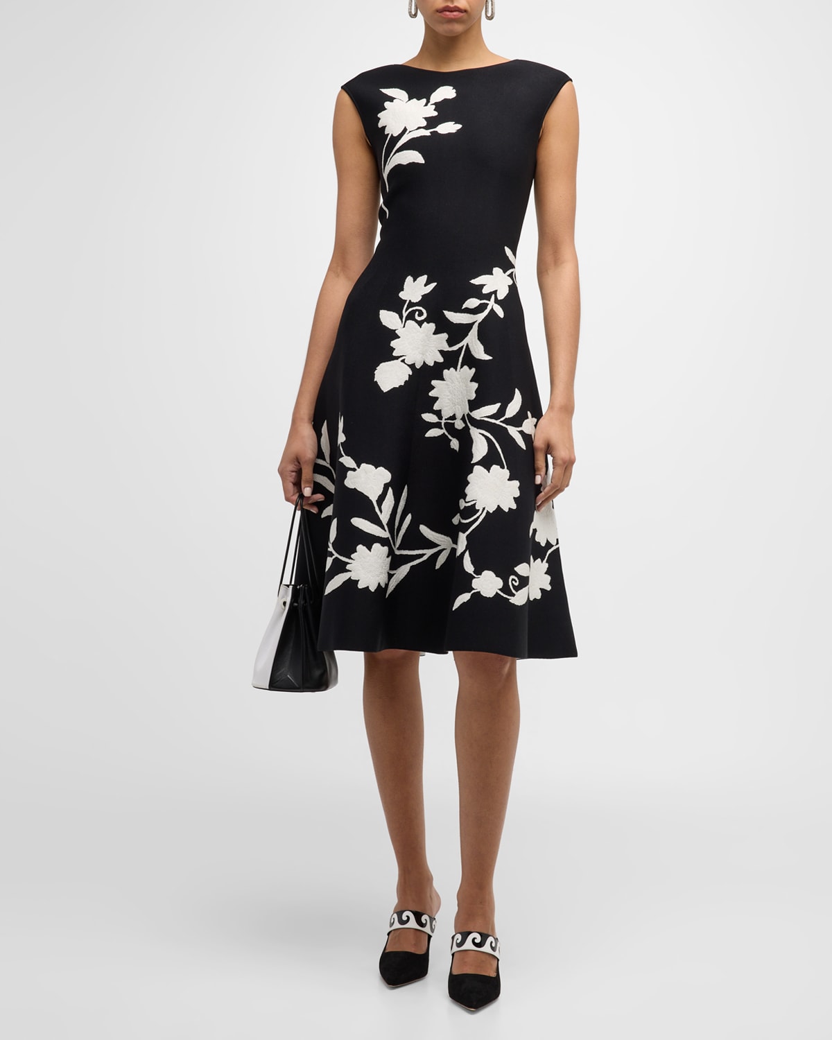 Shop Carolina Herrera Flare Knit Midi Dress With Floral Detail In Black Multi