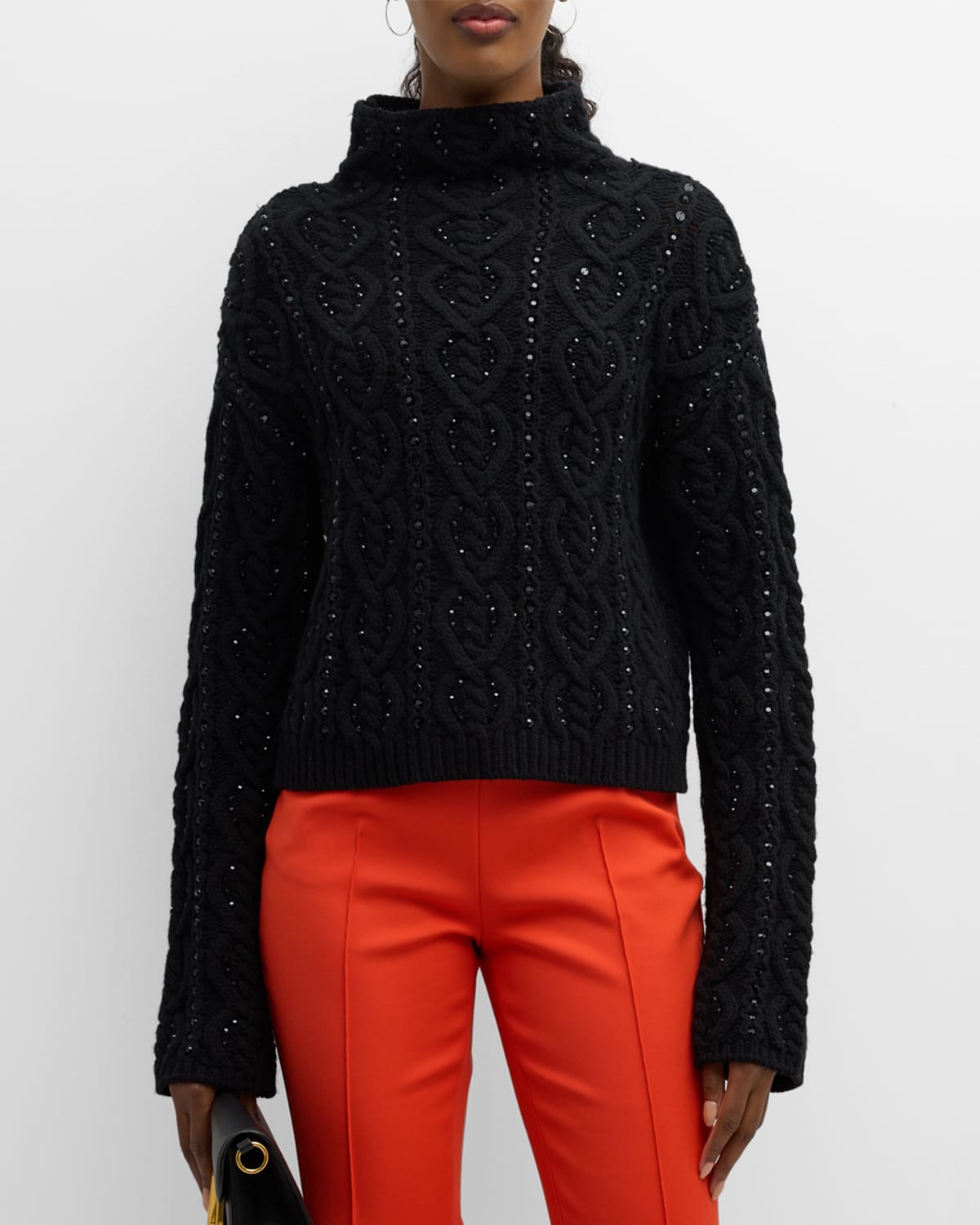 Shop Carolina Herrera Embellished Cable Cashmere Wool Sweater In Black