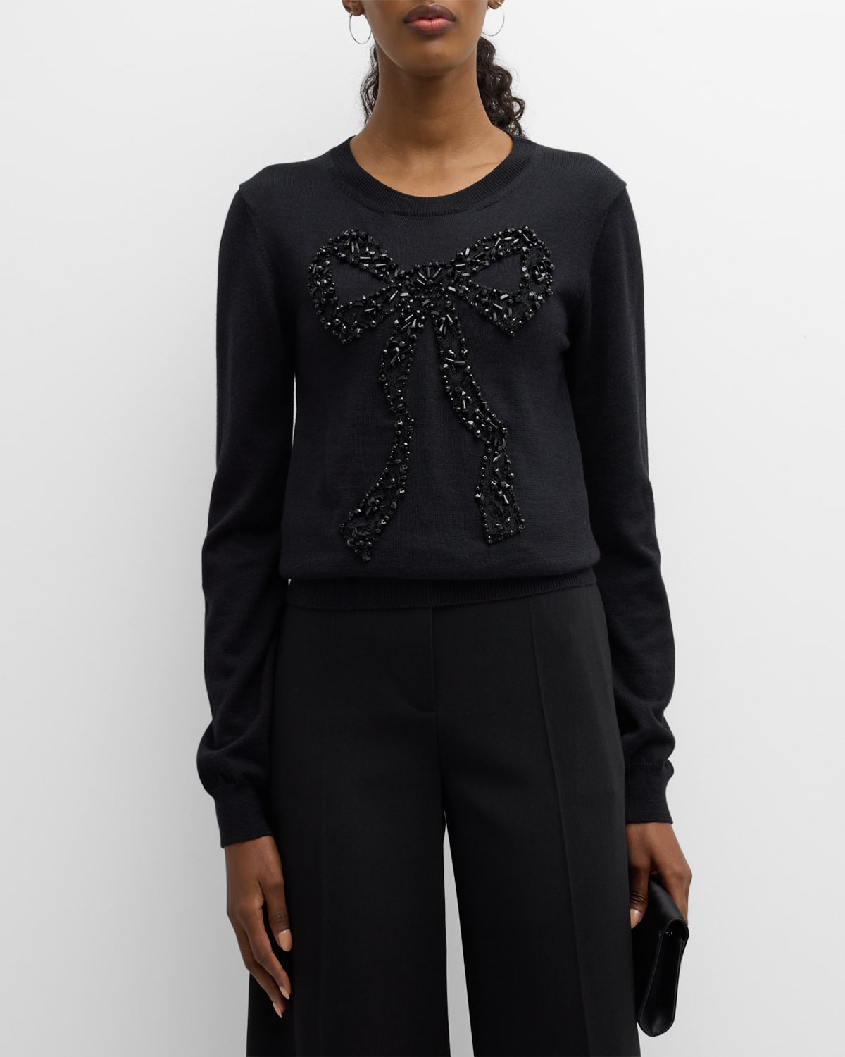 Shop Carolina Herrera Bow Bead-embellished Wool Sweater In Black