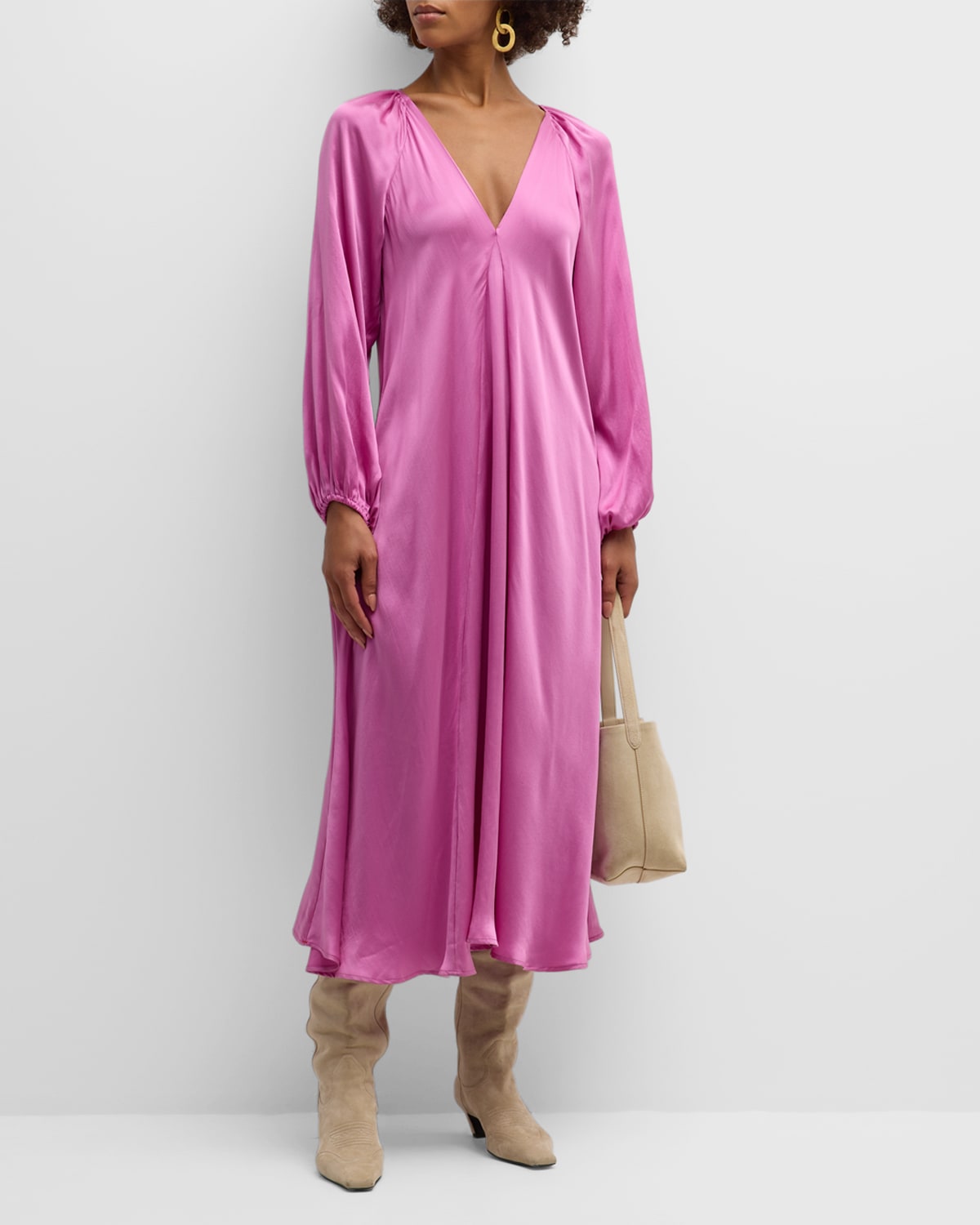 Celestine Draped Raglan-Sleeve Silk Midi Dress