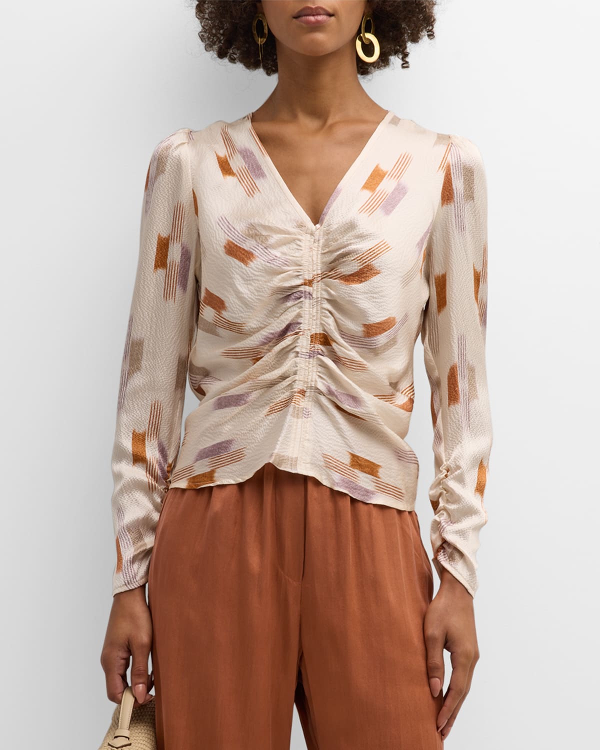 Xirena Prisca Ruched Abstract-print Top In Cream Ikat