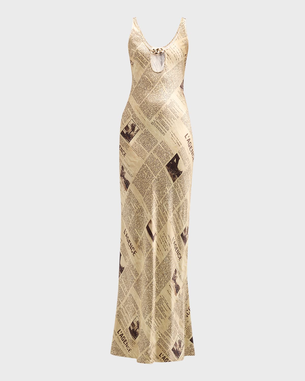 L AGENCE YASMIN NEWSPAPER-PRINTED CHAIN CUTOUT GOWN