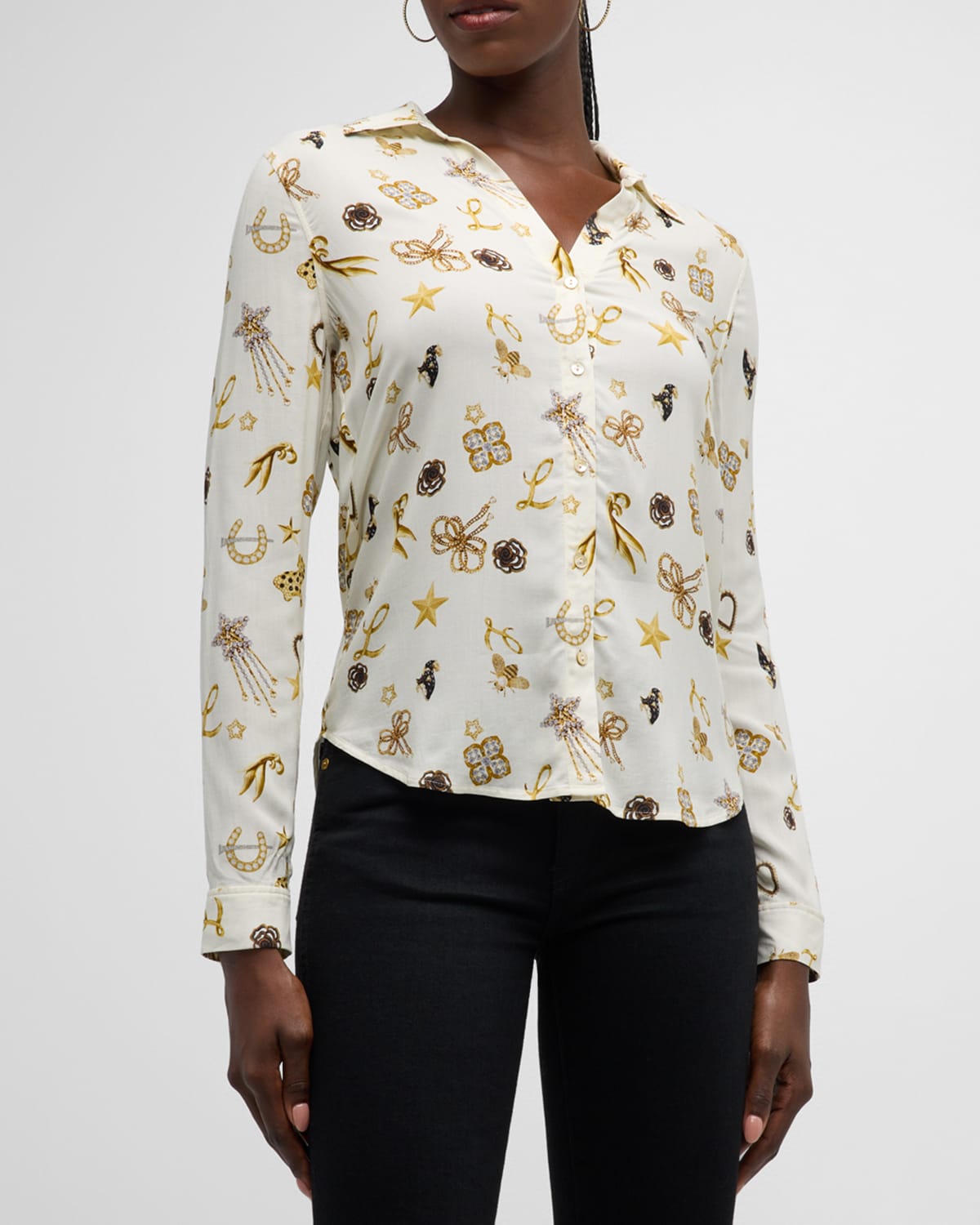 L Agence Holly Brooch-print Button-front Shirt In Ecru Multi Brooch Print