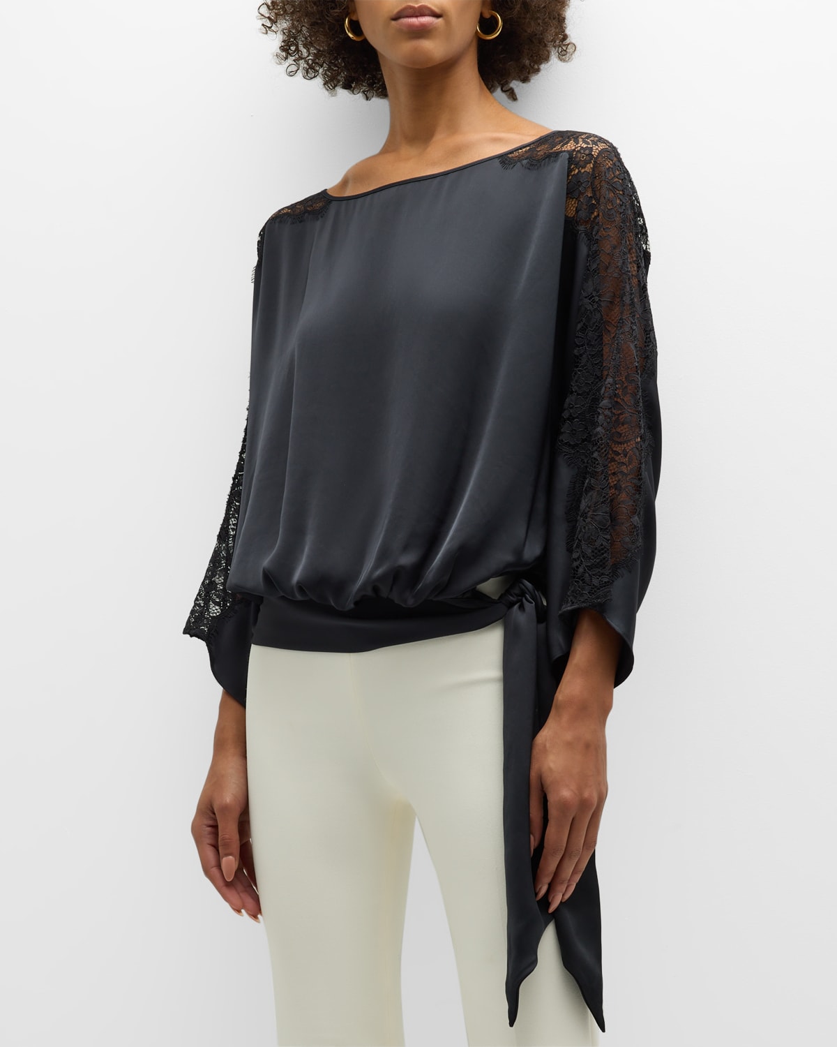 Shop Ramy Brook Alessia Satin Blouse With Lace Detailing In Black