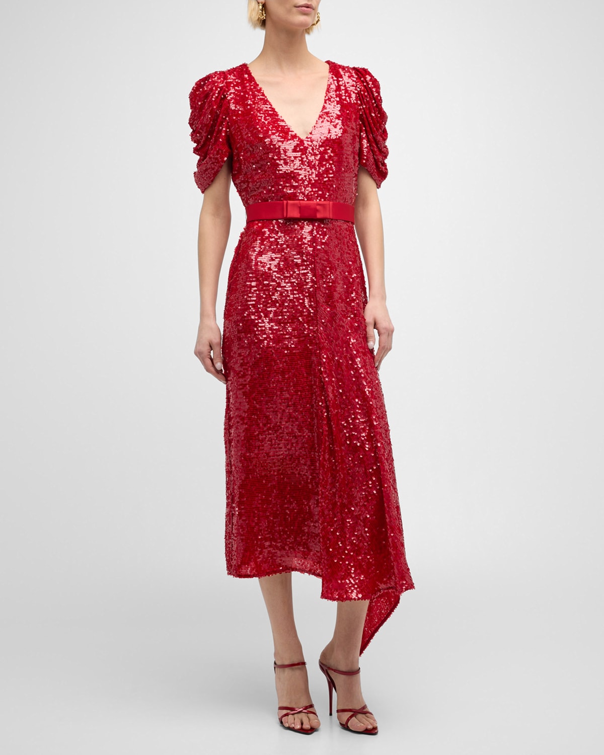 Erdem Sequined Short-sleeve Bow-waist Asymmetric Midi Dress In Ruby Red