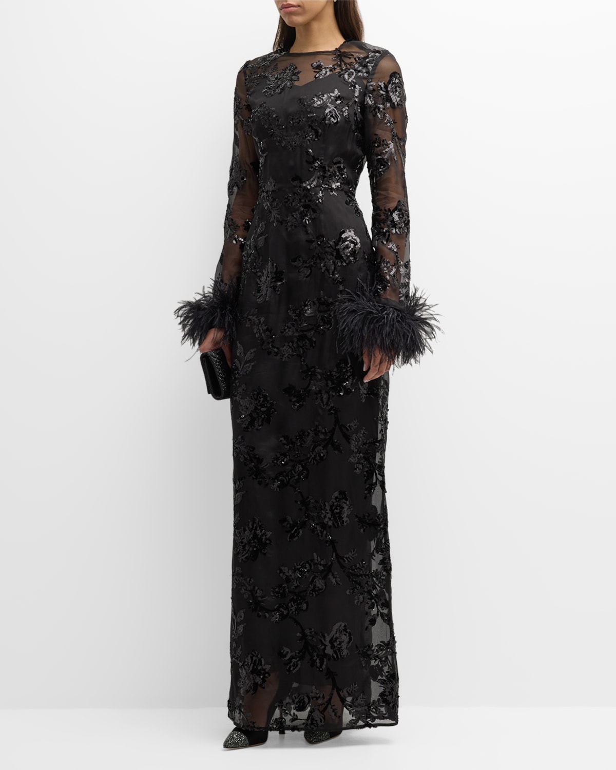 ERDEM SEQUIN WAISTED COLUMN GOWN WITH FEATHER CUFFS