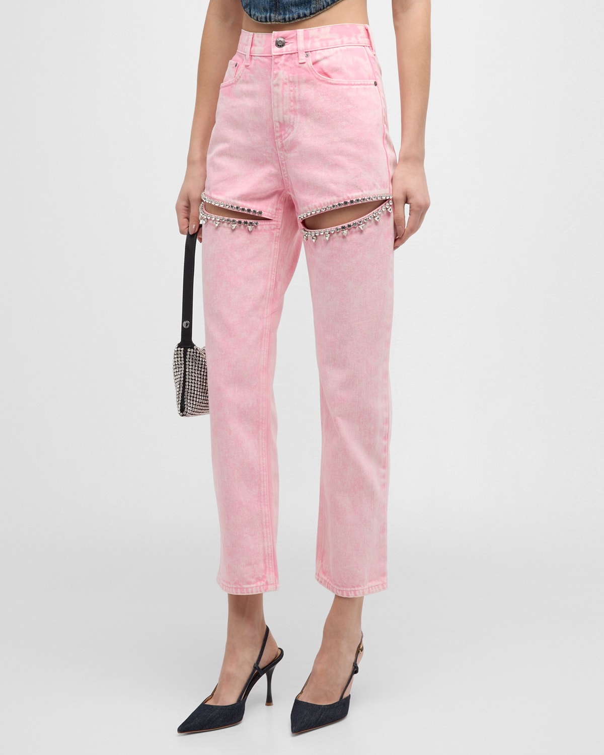 Area Mid-rise Crystal-slit Straight-leg Ankle Jeans In Powder Pink