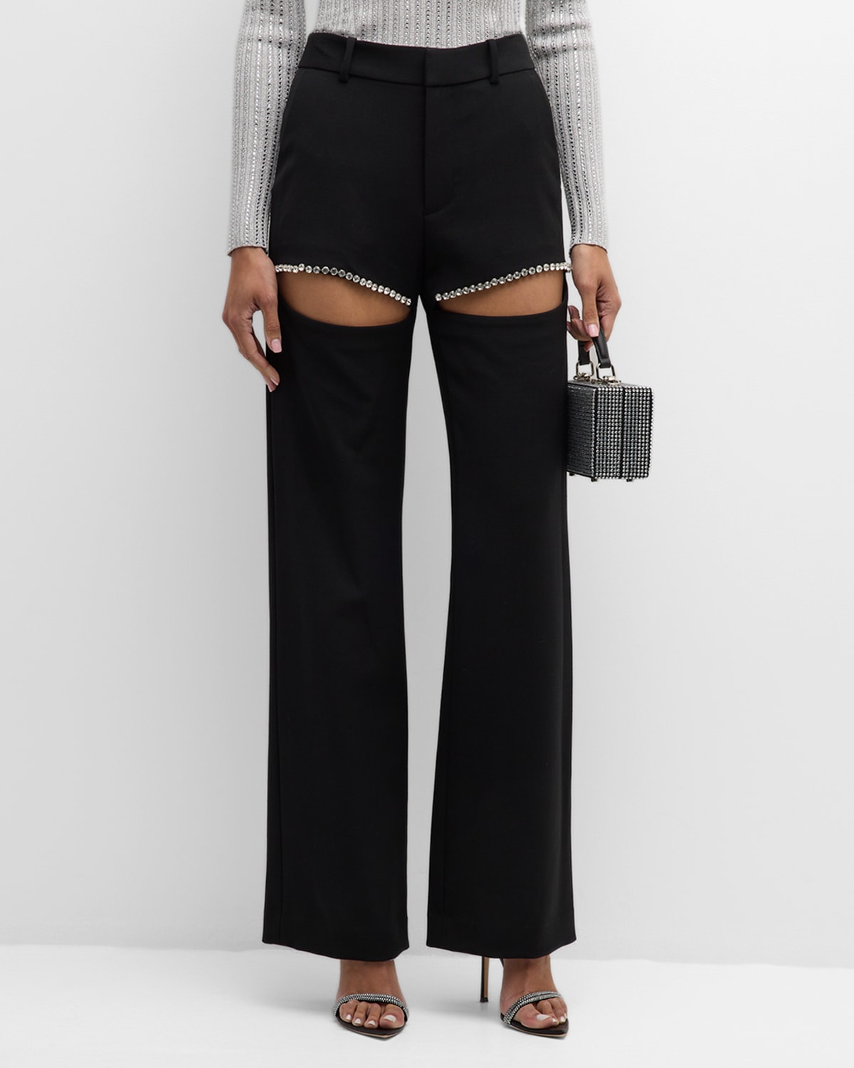 Shop Area Mid-rise Crystal Slit Straight-leg Trousers In Black