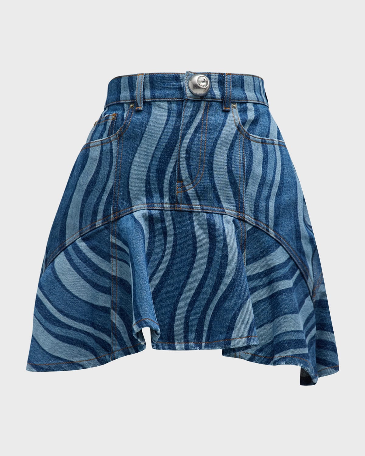 Area Sunray Denim Ruffle Mini Skirt In Indigo Multi