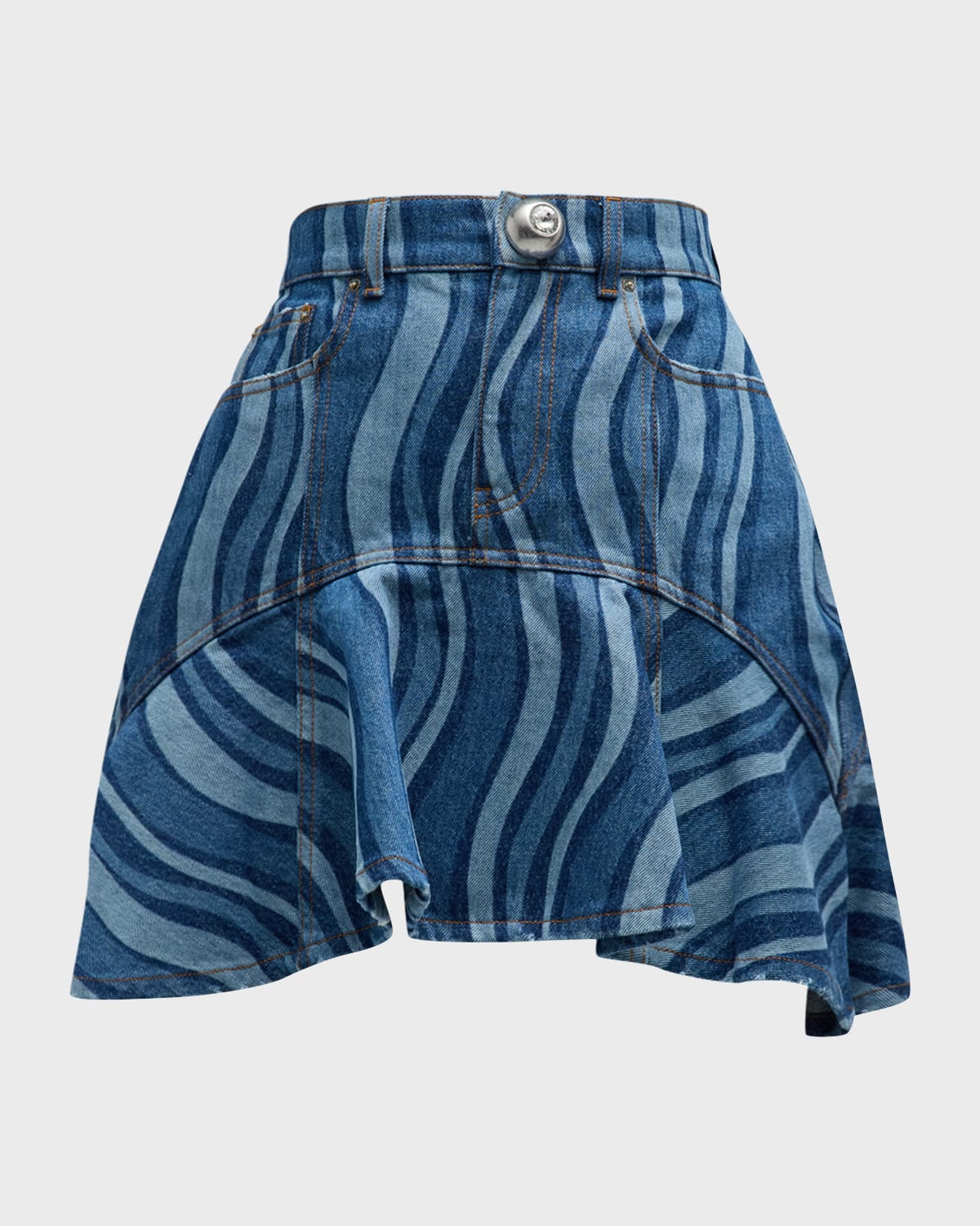 Shop Area Sunray Denim Ruffle Mini Skirt In Indigo Multi