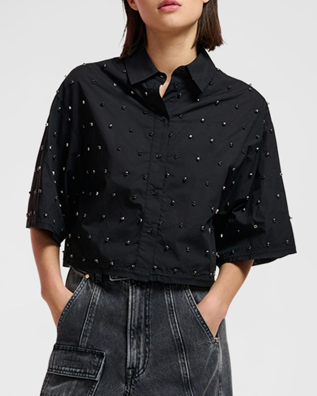 Shop Essentiel Antwerp East Cropped Poplin Shirt With Rhinestones In Black