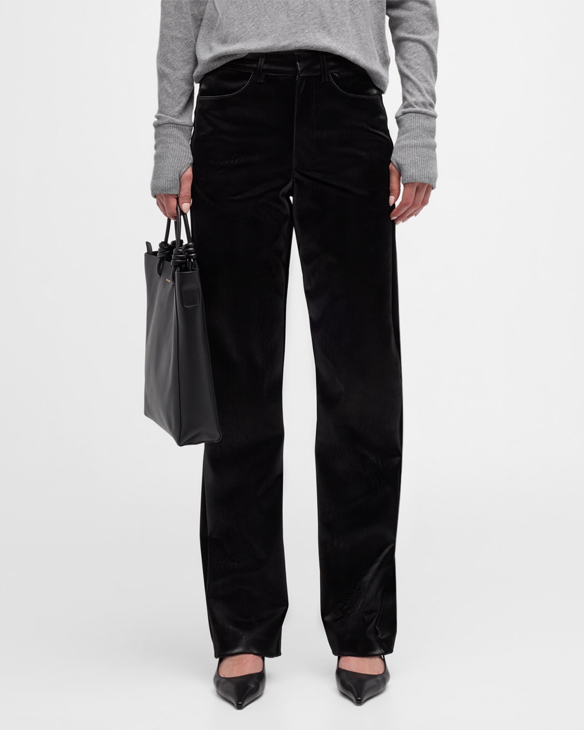 Shop Enza Costa Satin High-rise Straight-leg Faux Leather Pants In Black