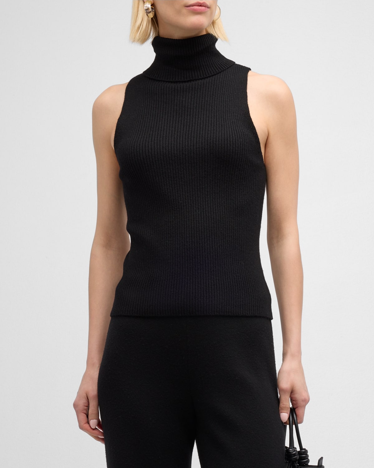 Shop Enza Costa Rib-knit Sleeveless Turtleneck Sweater In Black