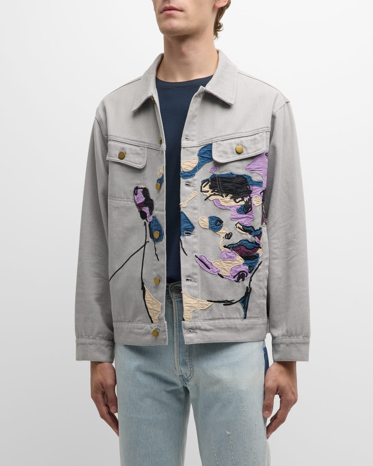 Shop Kidsuper Men's Face Embroidered Denim Jacket In Grey
