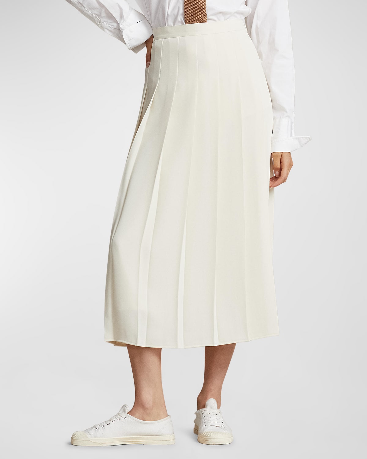 Polo Ralph Lauren Satin Pleated A-line Midi Skirt In Andover Cream
