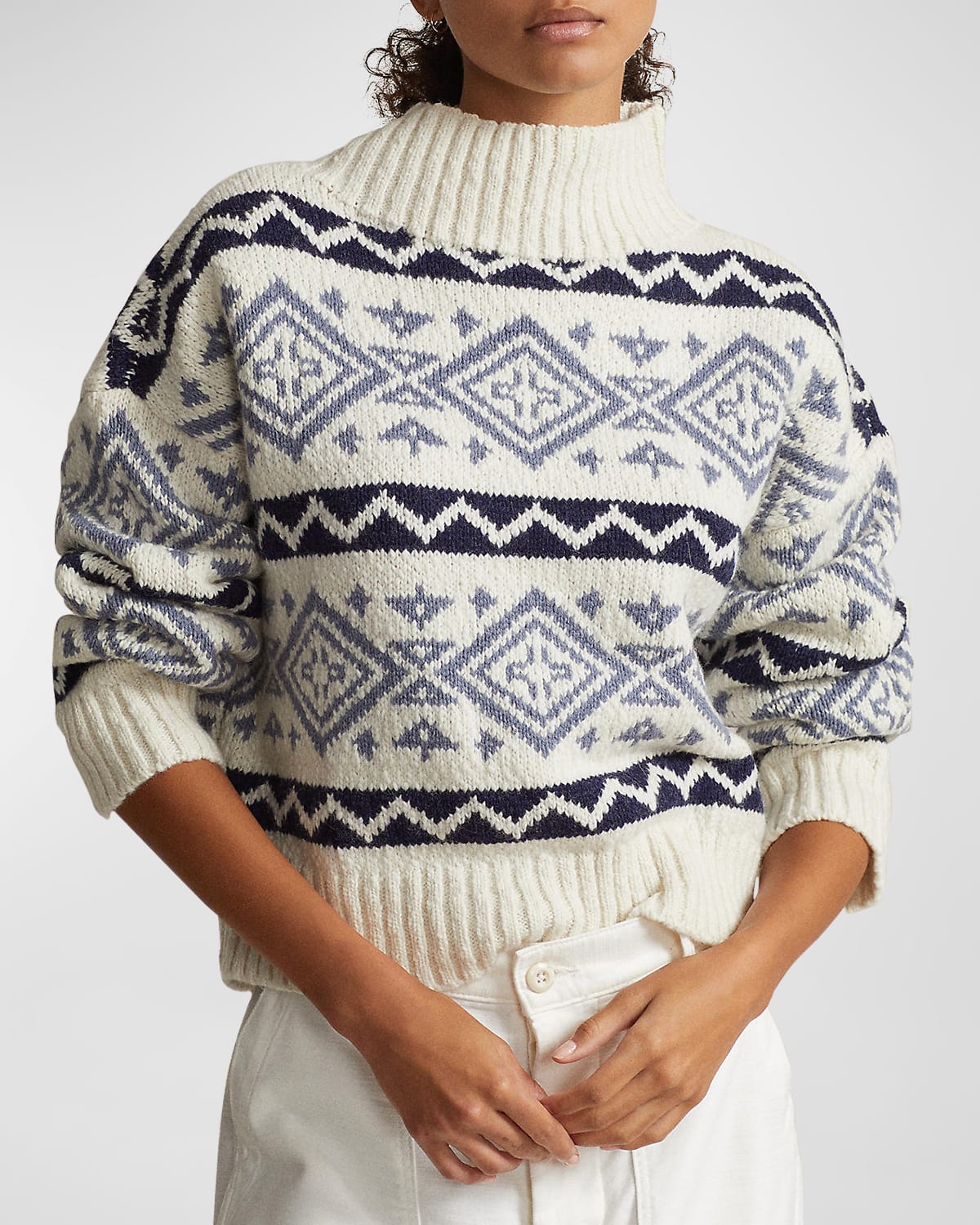 Polo Ralph Lauren Geometric-jacquard High-neck Wool-blend Sweater In Cream Blue Multi