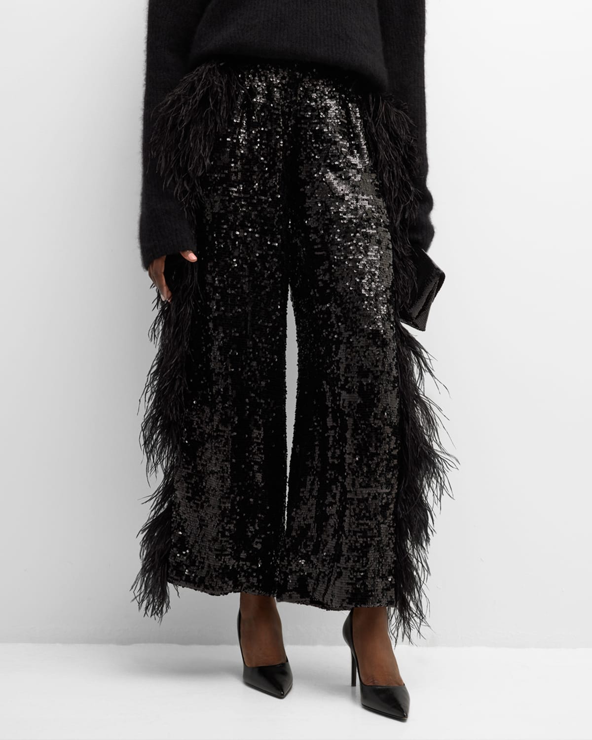 Lapointe Feather Side-stripe Sequin Relaxed Wide-leg Trousers In Black