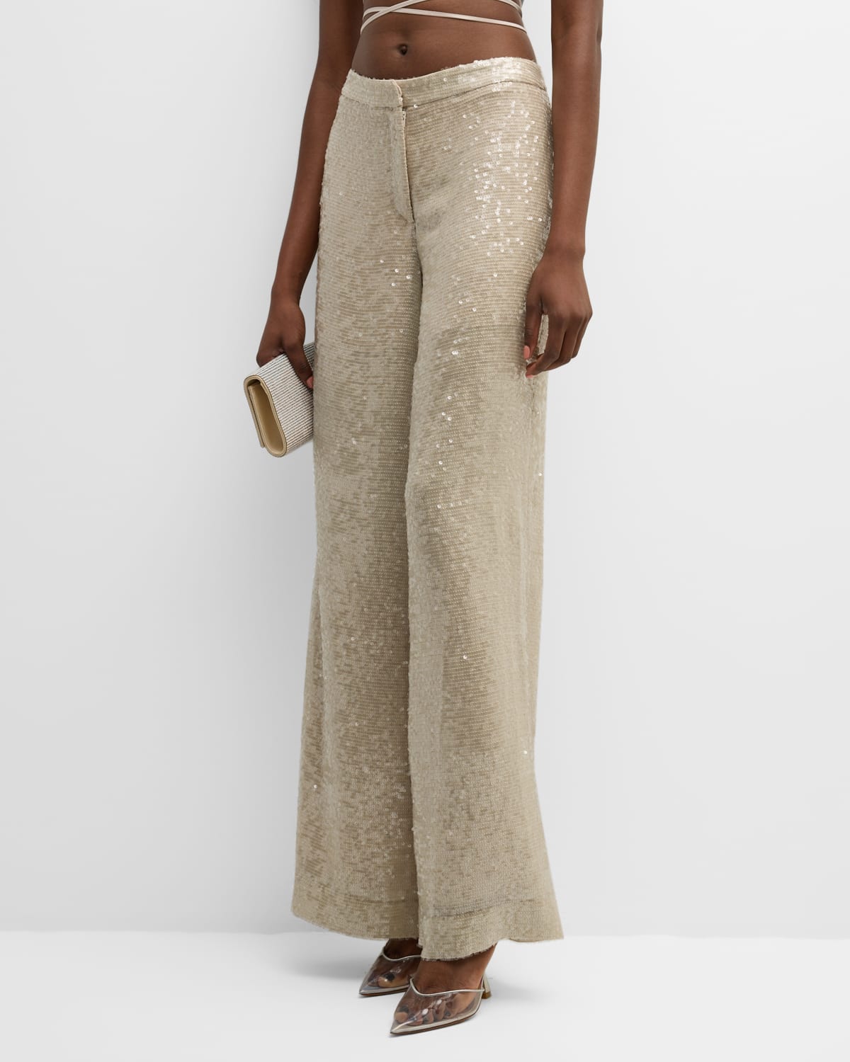 Shop Lapointe Mid-rise Sequin Viscose Relaxed Wide-leg Trousers In Gray