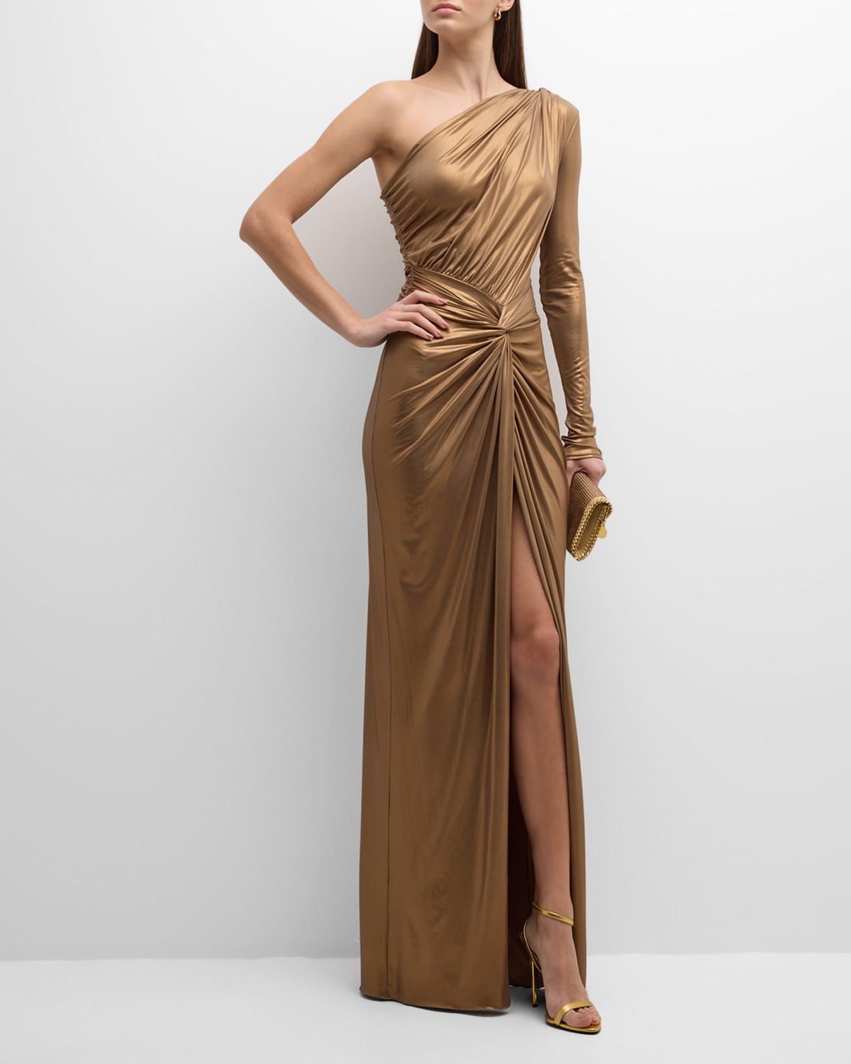 Shop Lapointe Twisted Slit-hem Coated Jersey One-shoulder Maxi Dress In Pale Gold
