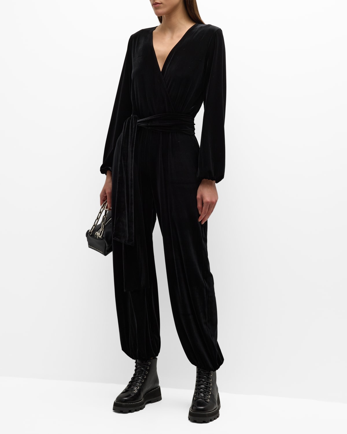 Rivet Utility Dazzler Tie-detailed Velvet Jumpsuit In Black