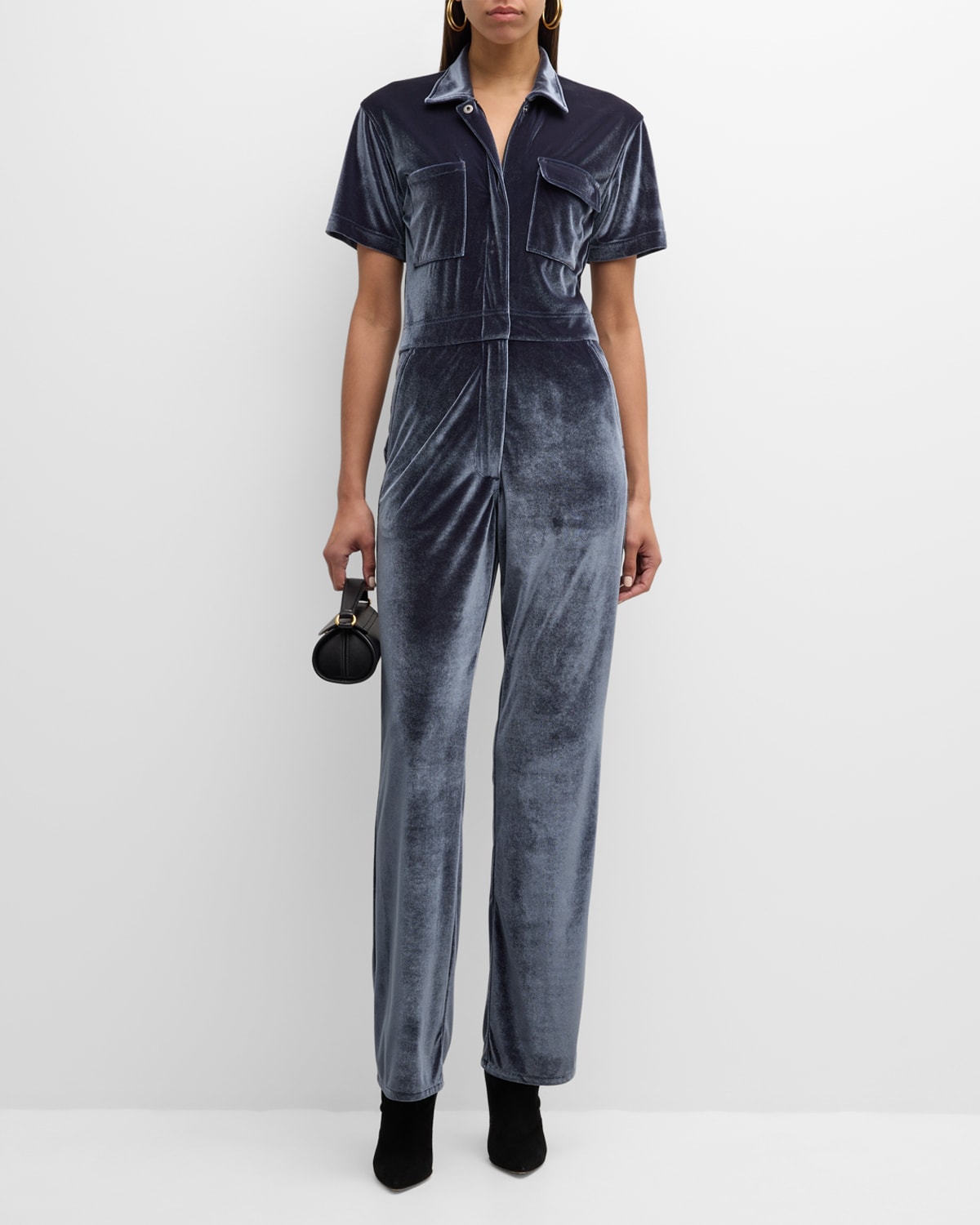 Rivet Utility Worker Velvet Short-sleeve Jumpsuit In Steel Grey Velvet