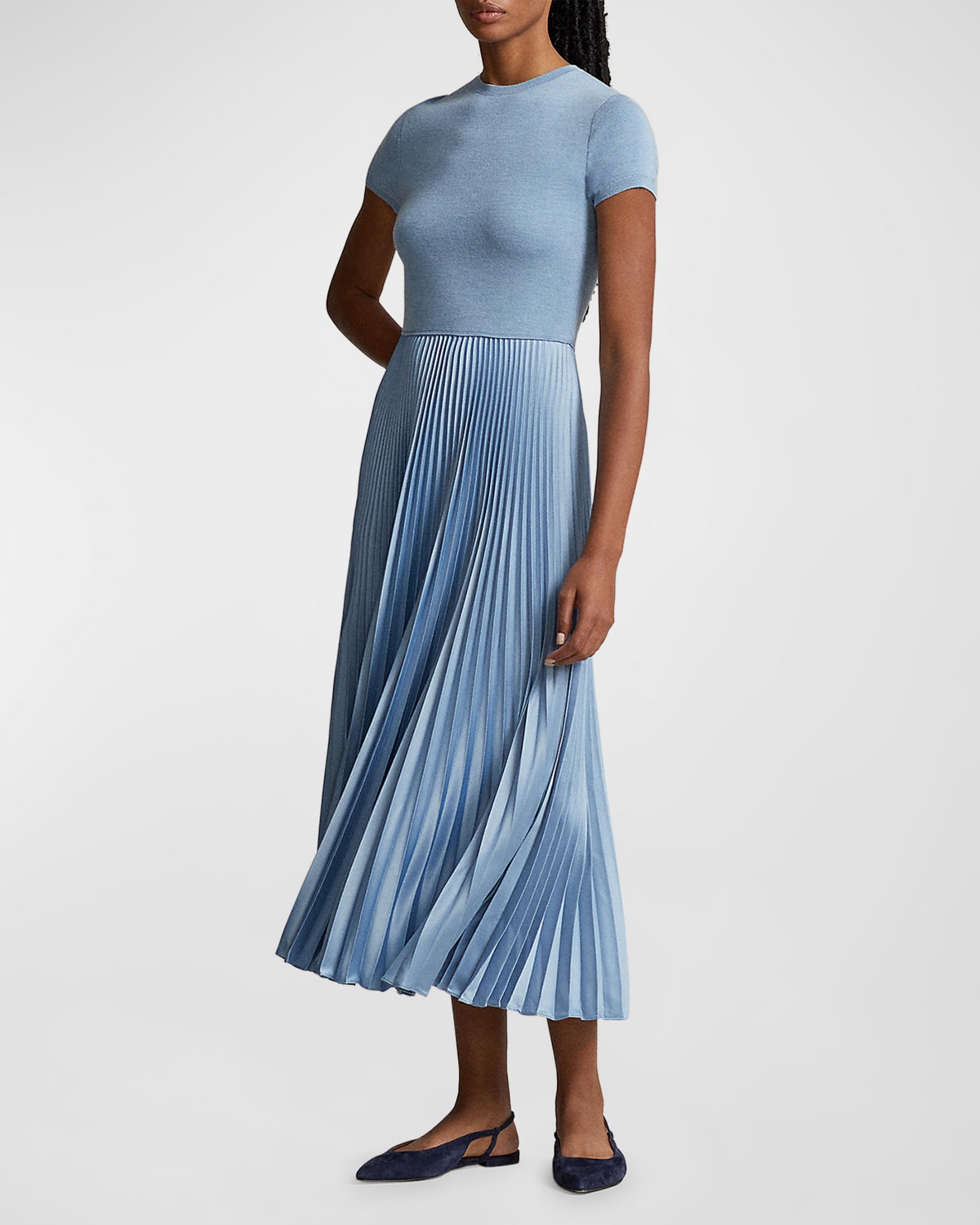 Polo Ralph Lauren Hybrid Pleated Sweater Midi Dress In Blue | ModeSens