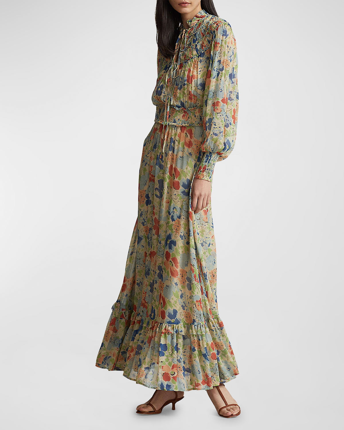 Shop Polo Ralph Lauren Smocked Floral-print Flounce Maxi Dress In 1573 Dusty Floral