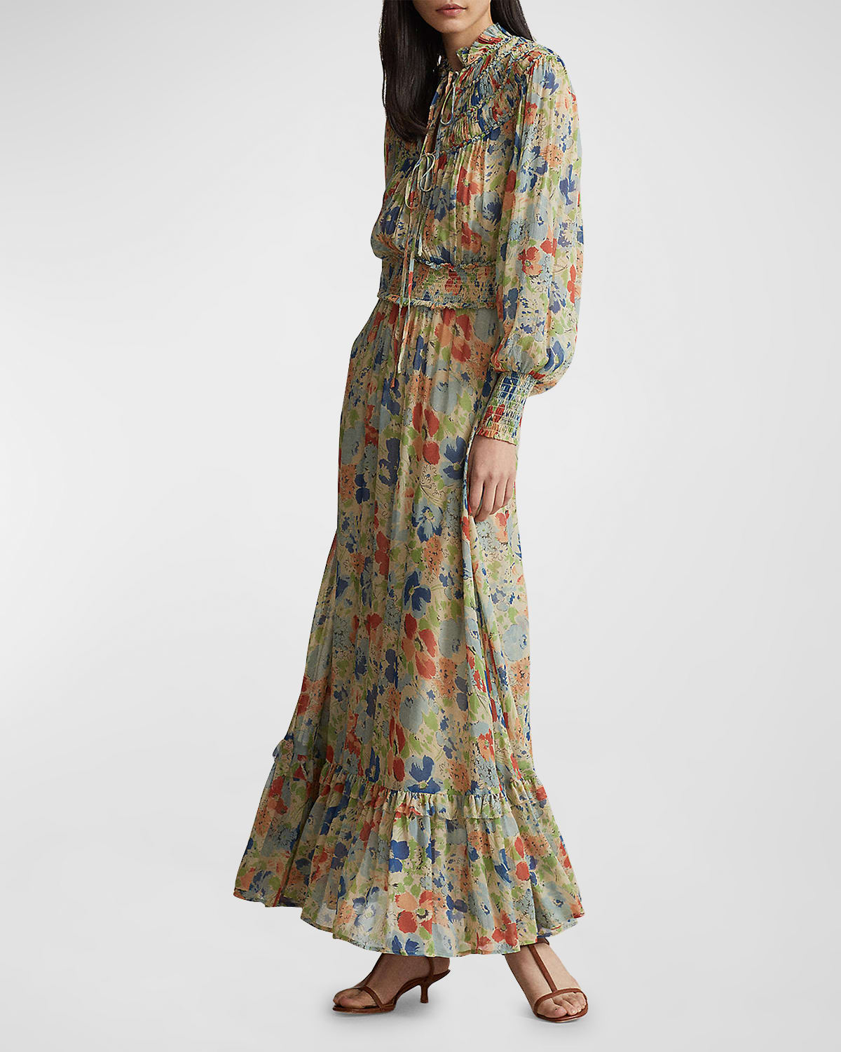 Polo Ralph Lauren Smocked Floral-print Flounce Maxi Dress In 1573 Dusty Floral