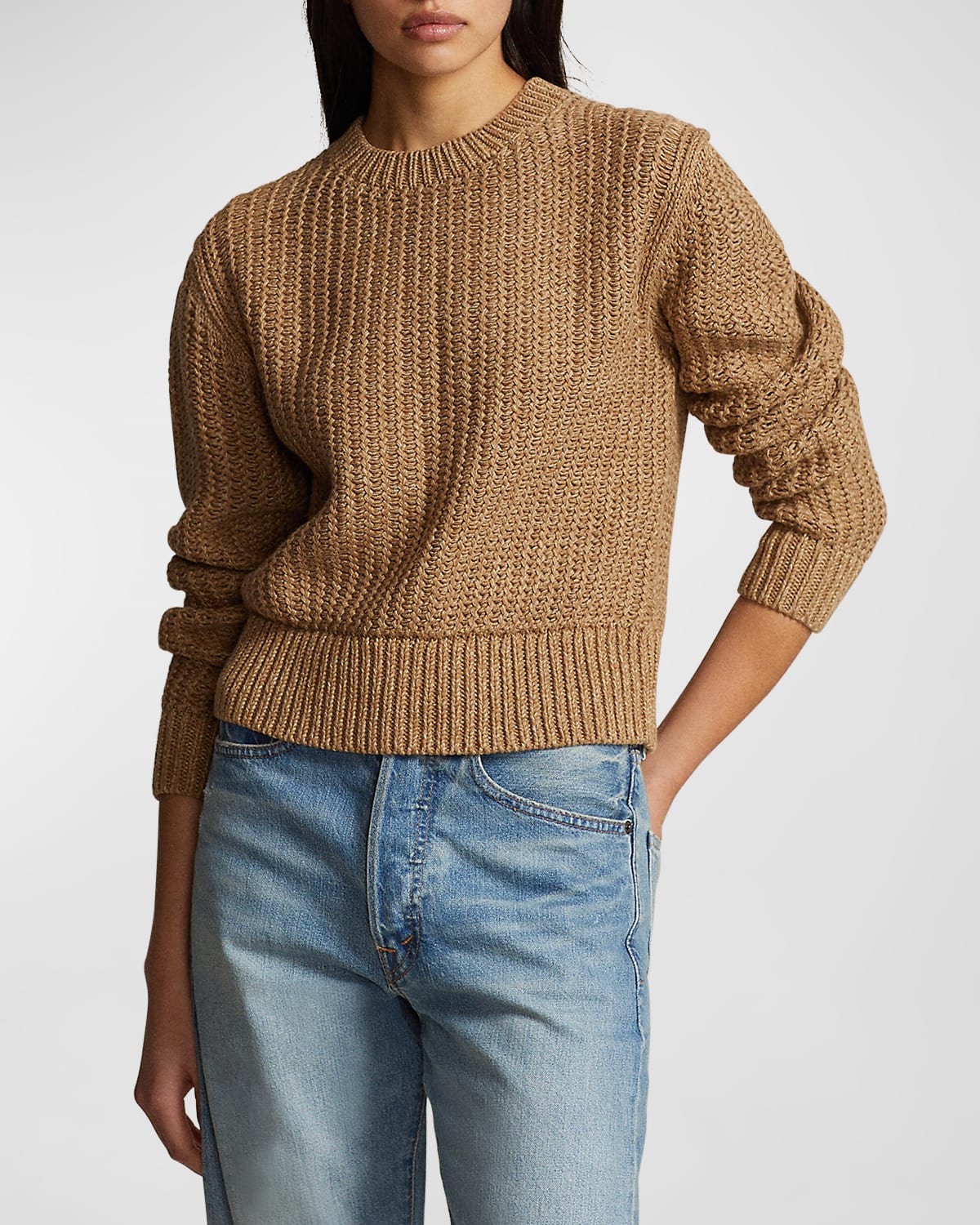 Shop Polo Ralph Lauren Openwork Cotton-blend Crewneck Sweater In Monument Tan Marl