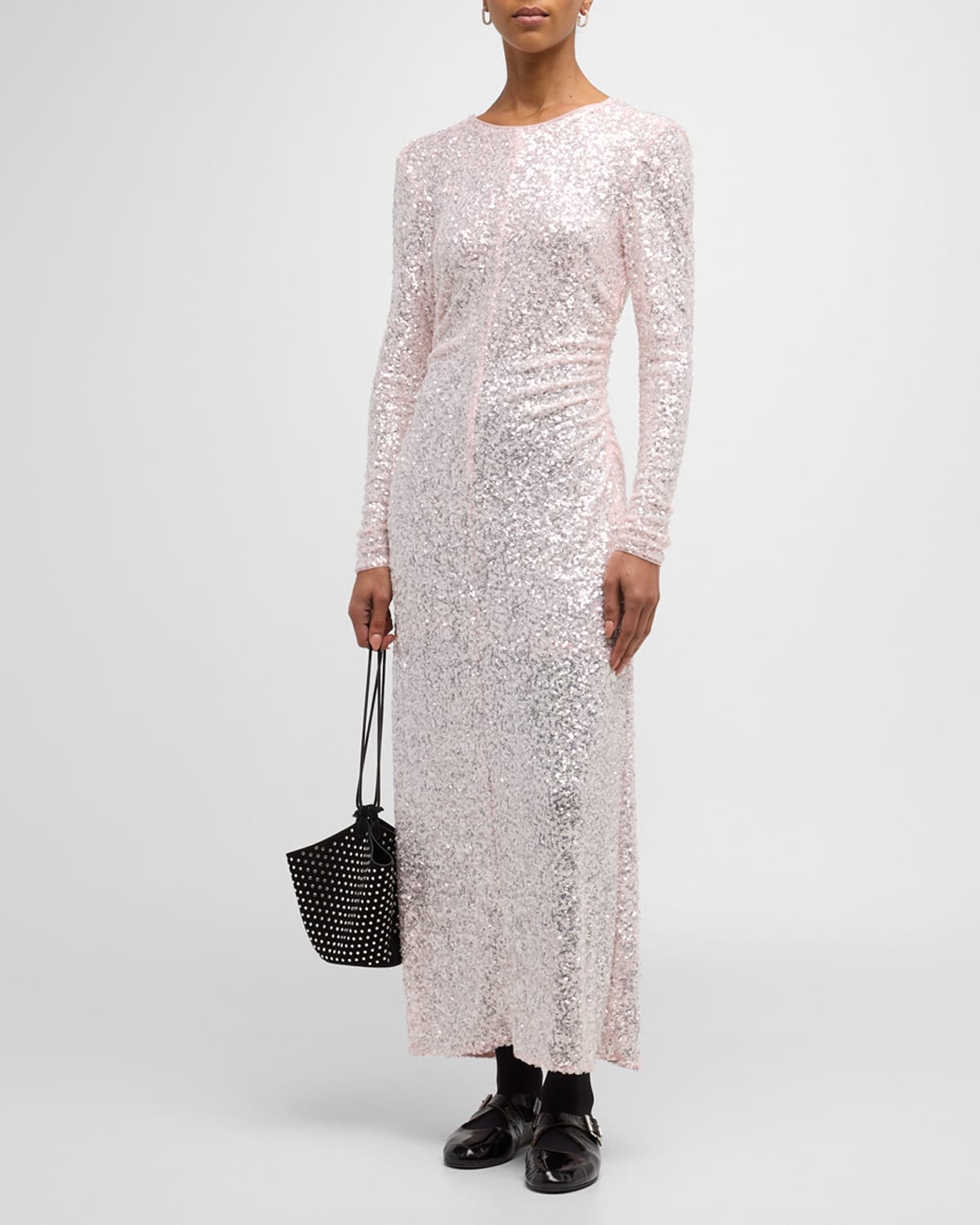 Shop Ganni Long-sleeve Sequin Maxi Dress In Mauve Chalk