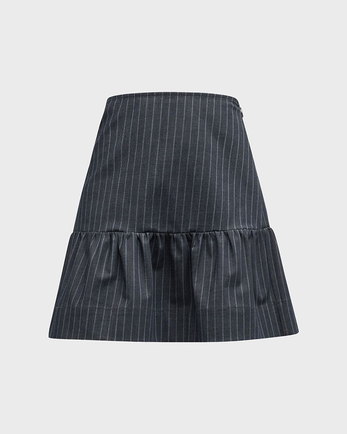Ganni Stretch Striped Flounce Mini Skirt In Gray Pinstripe