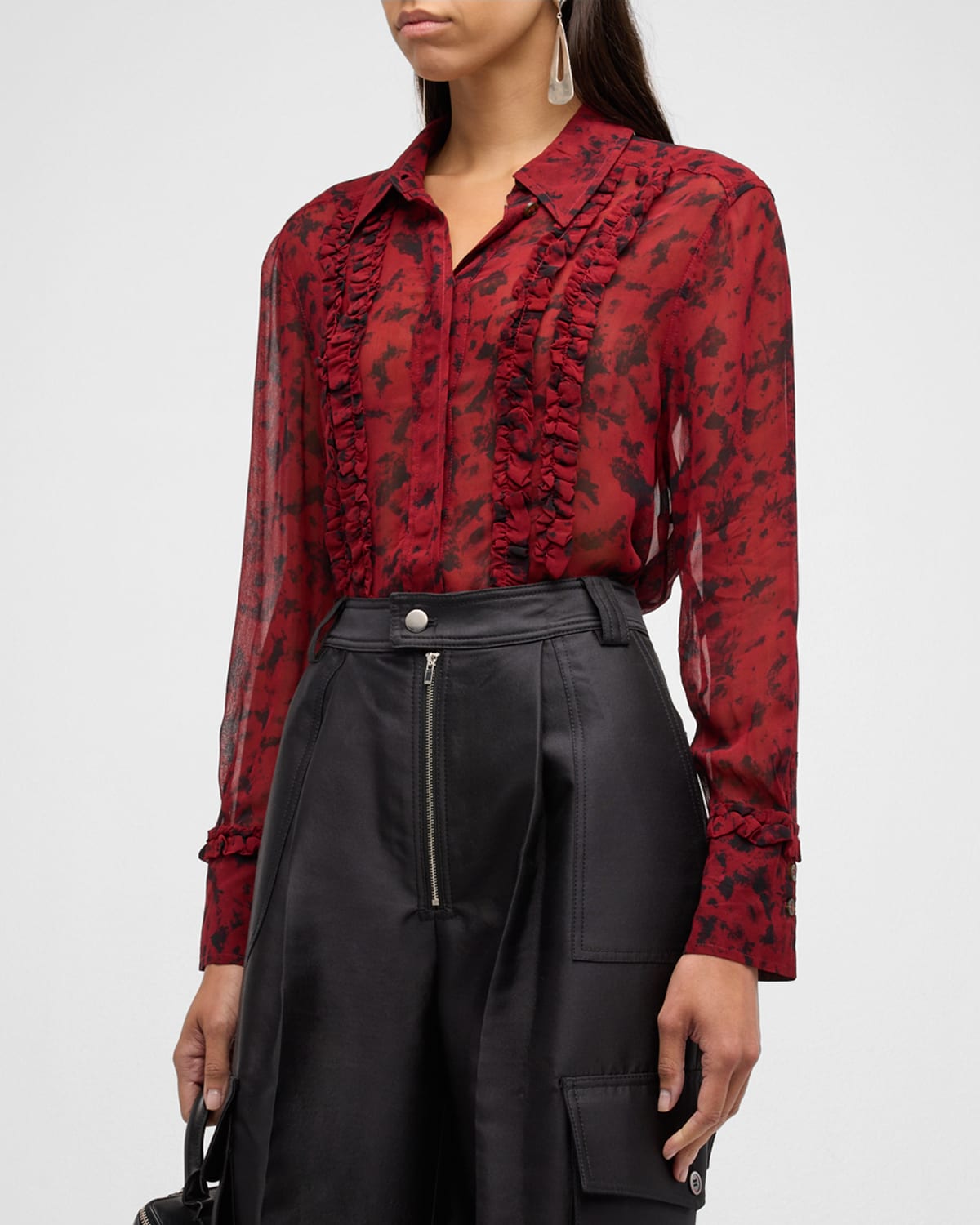 Shop Ganni Sheer Ruffled Georgette Shirt In Syrah