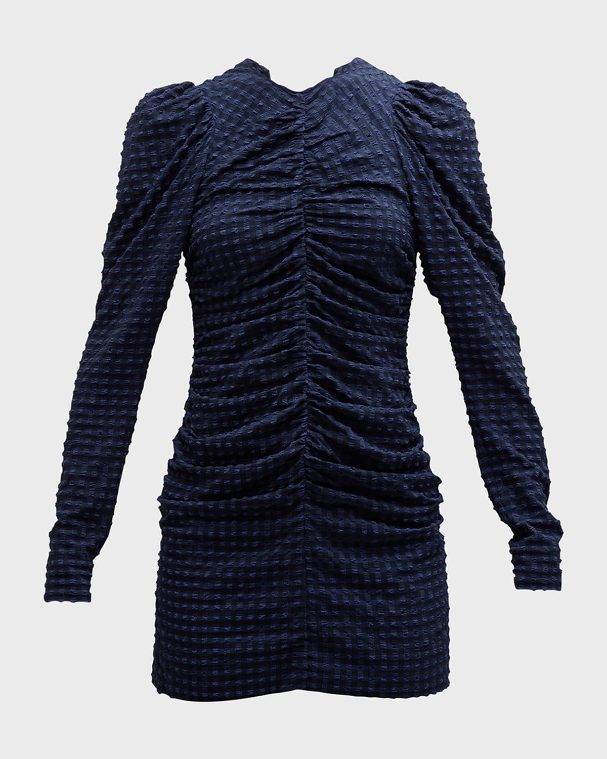 Ganni Ruched Long-sleeve Seersucker Mini Dress In Deep Cobalt