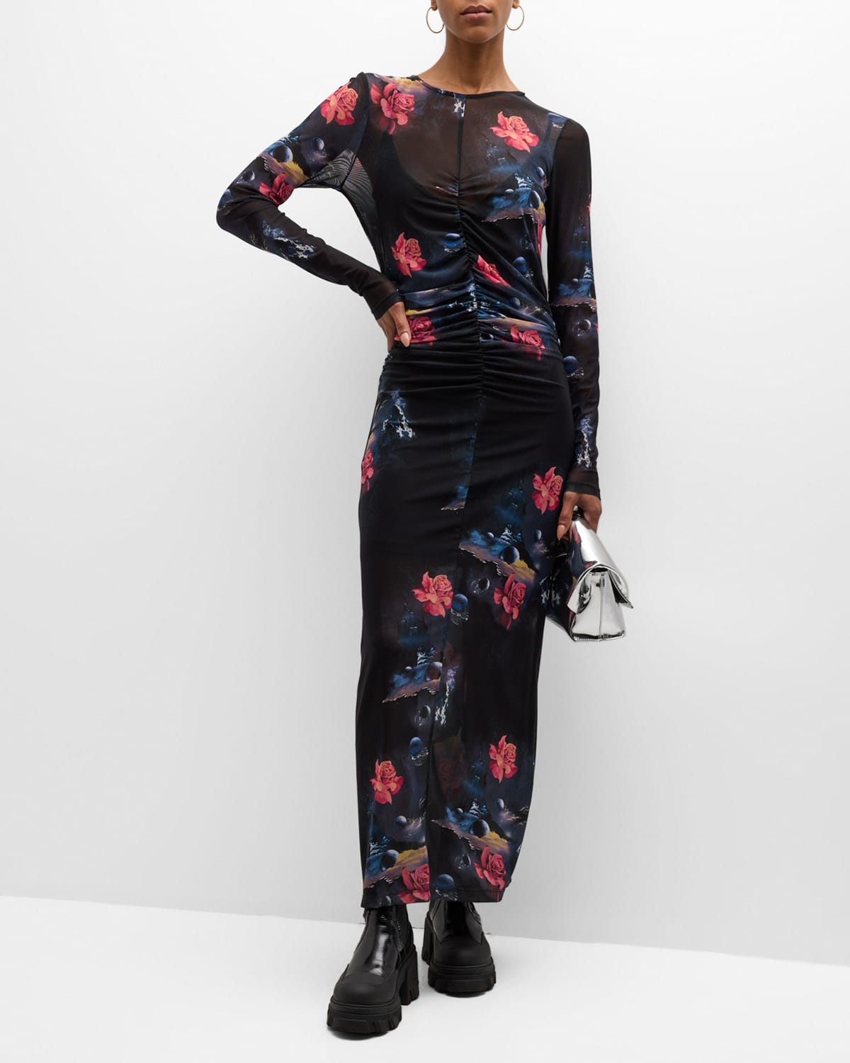Ganni Printed Mesh O-neck Ruched Long Dress In Black