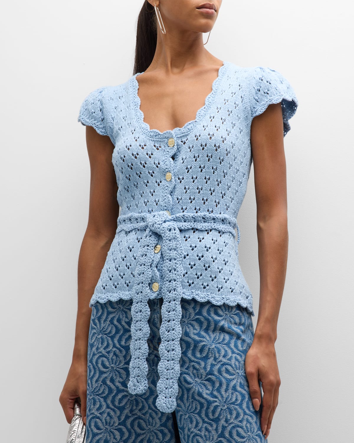 Shop Ganni Short-sleeve Cotton Lace Cardigan In Powder Blue