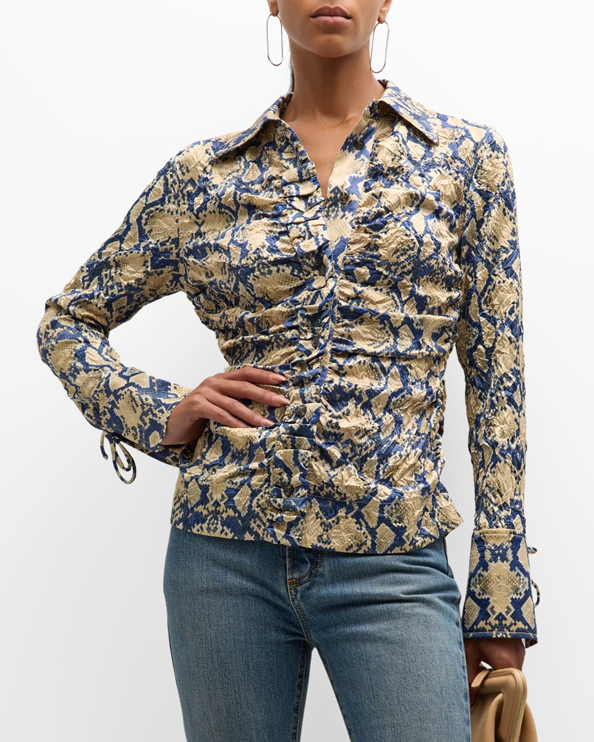 Shop Ganni Fitted Button-front Crinkled Satin Shirt In Safari