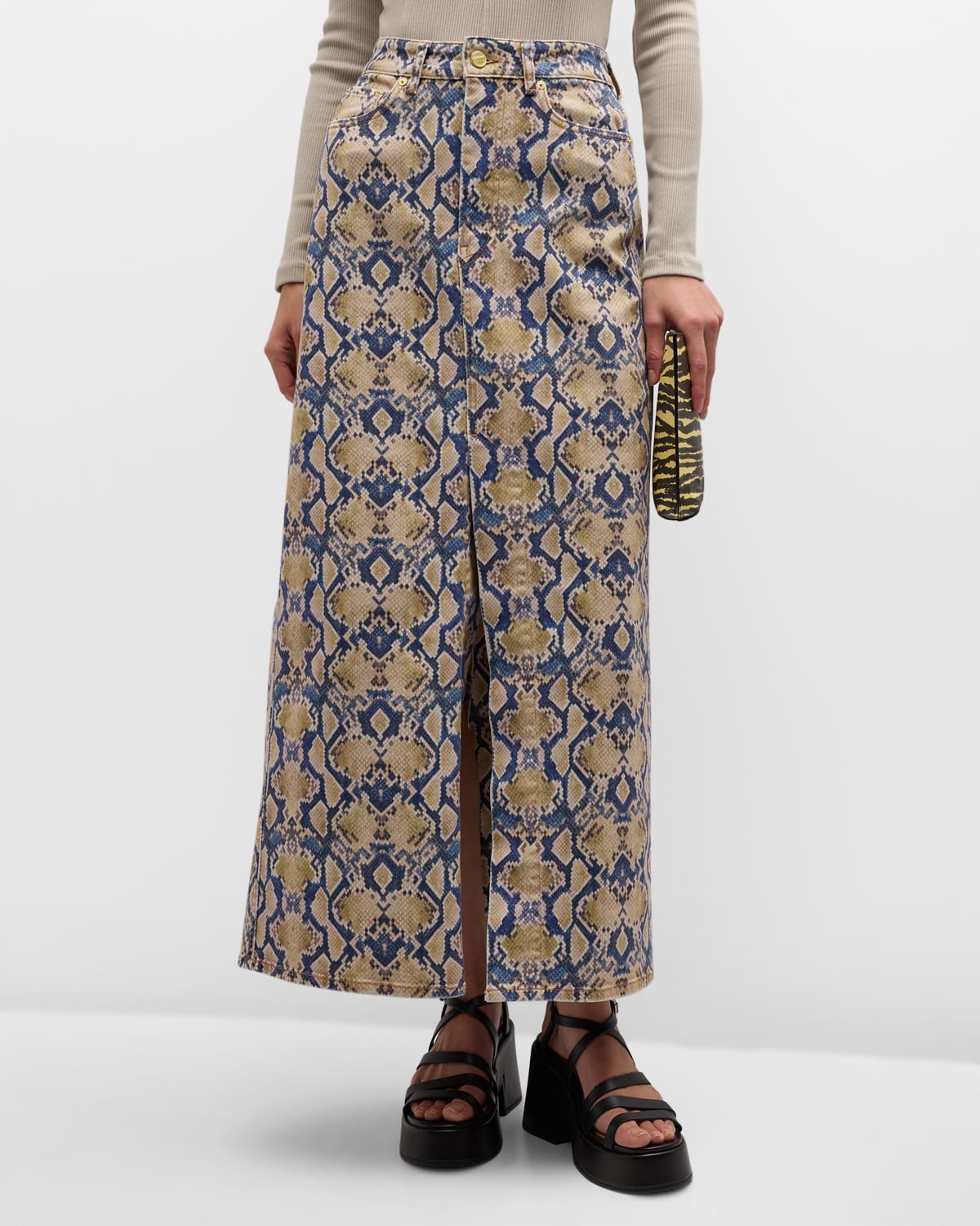 Shop Ganni Iry Snake-print Denim Maxi Skirt In Safari