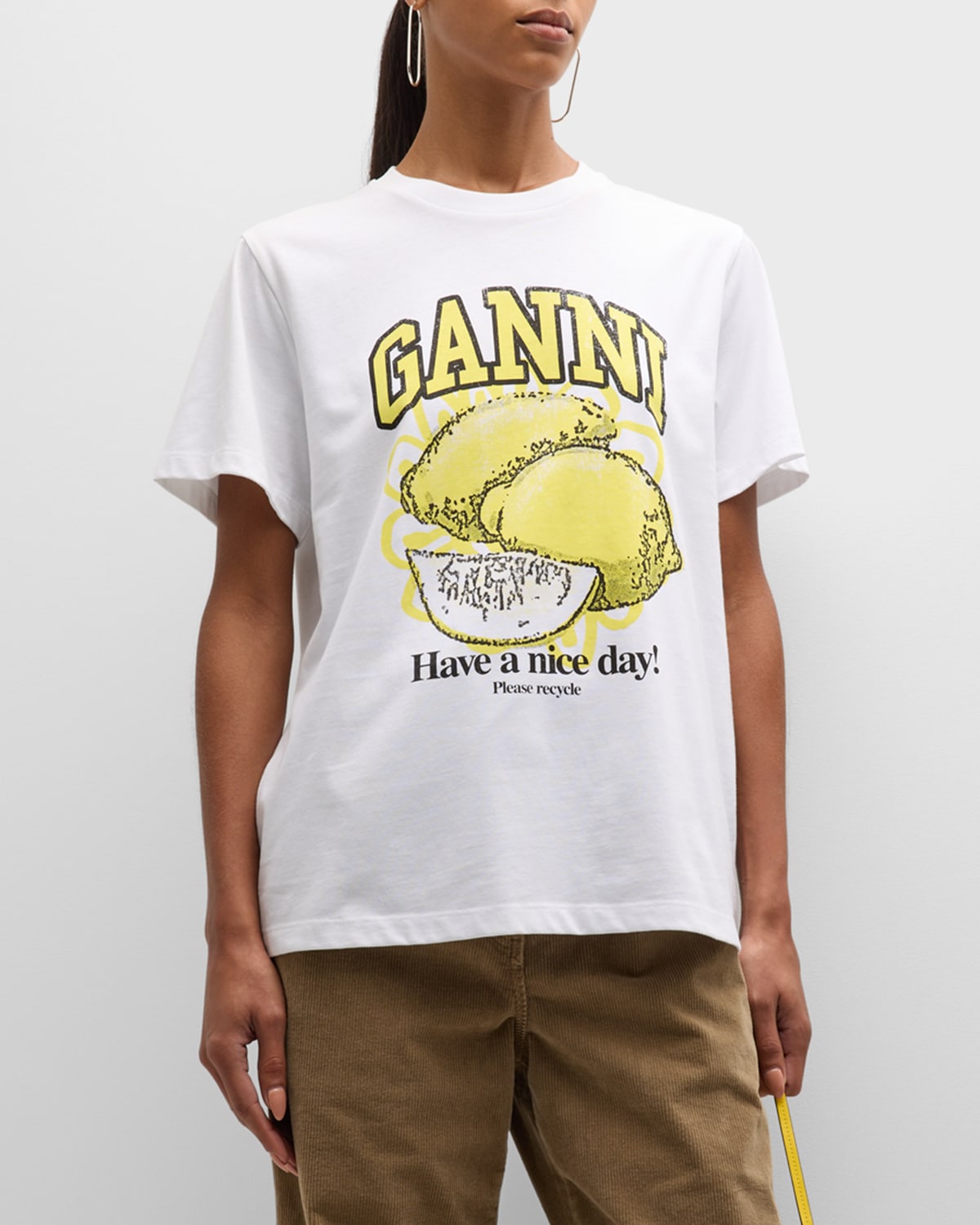 Ganni Lemon Crewneck Jersey T-shirt In Bright White