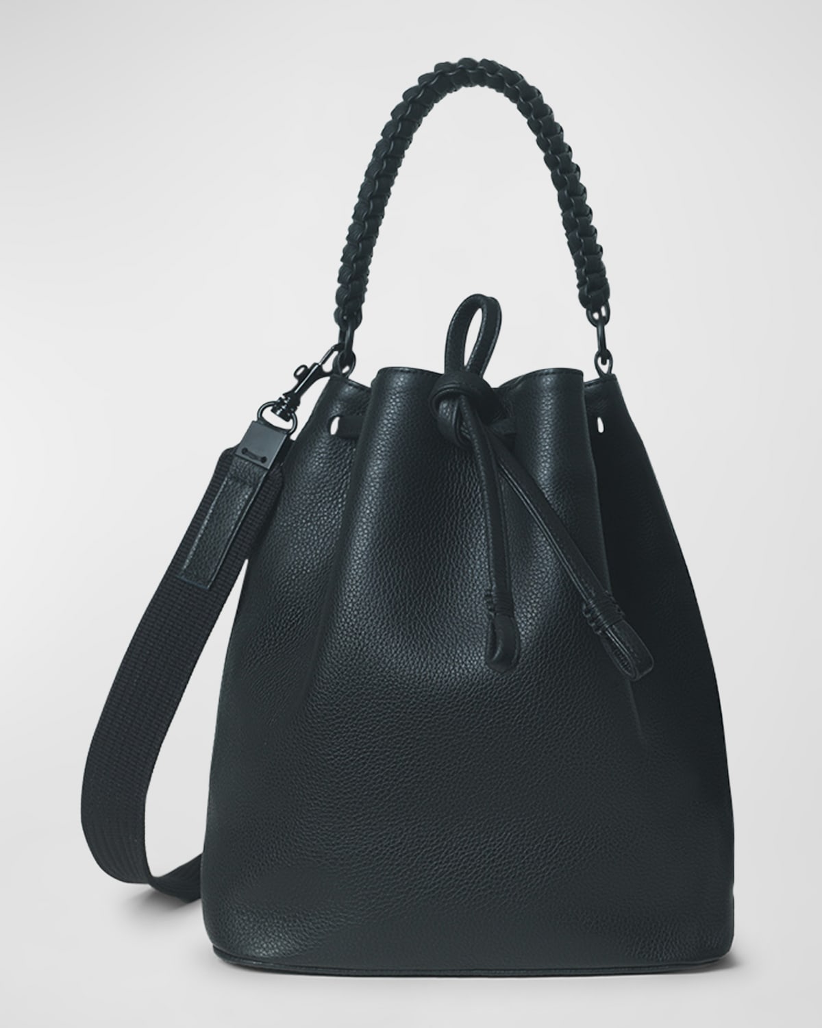Drawstring Grained Leather Bucket Bag