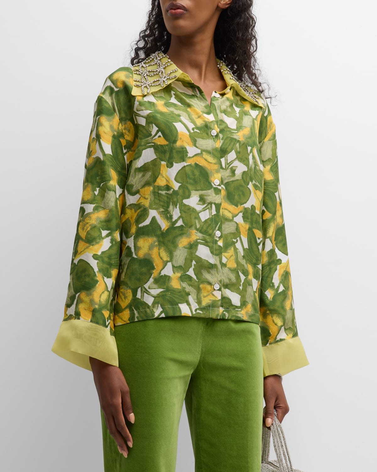 Frances Valentine Women's Gloria Embellished Pear-print Silk Shirt In Yellow/green