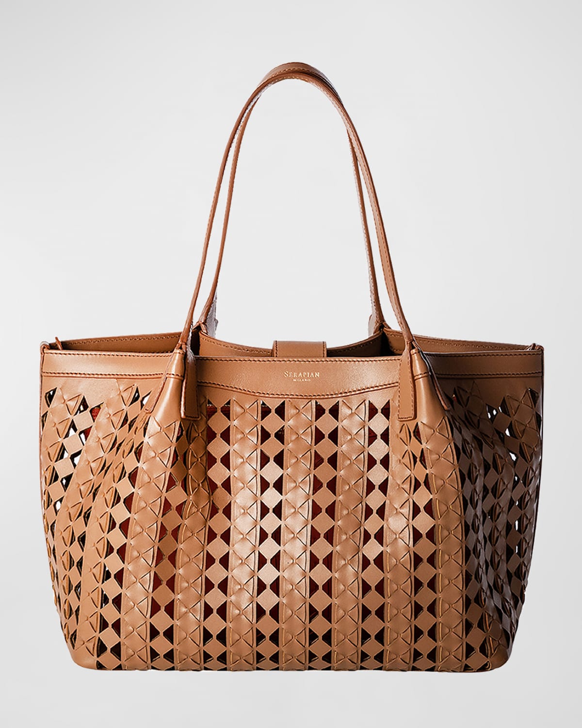 Serapian Secret Small Mosaic Cutout Tote Bag In Tan Coral Red