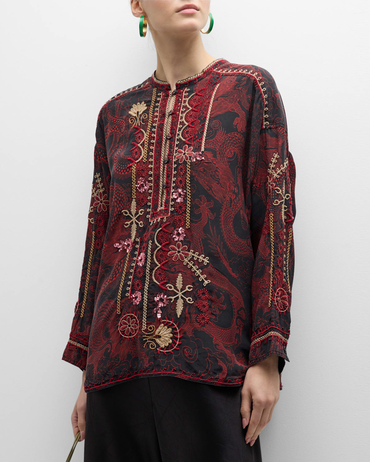 Johnny Was Belina Floral-embroidered Dragon-print Tunic In Multi