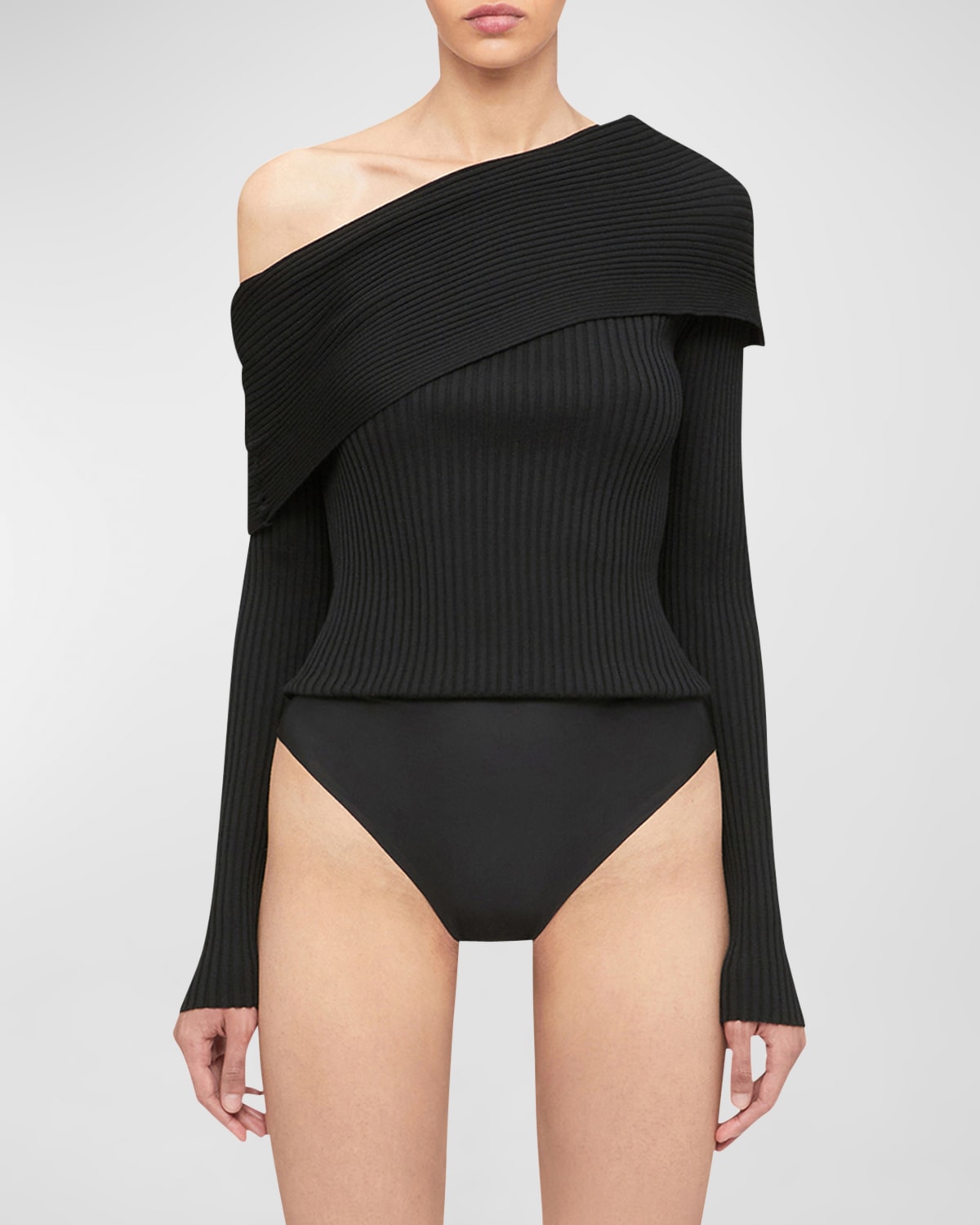 Shop Wolford X Simkhai Asymmetric Ribbed One-shoulder Bodysuit In Black
