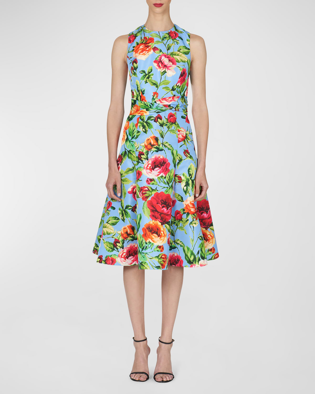Shop Carolina Herrera Floral-print Midi Dress With Twist Waistband In Lake Blue Multi