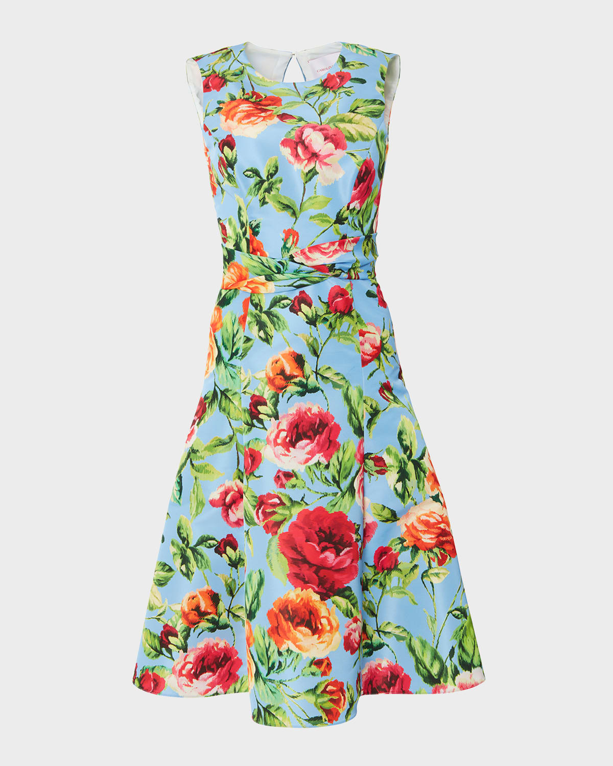 Shop Carolina Herrera Floral-print Midi Dress With Twist Waistband In Lake Blue Multi