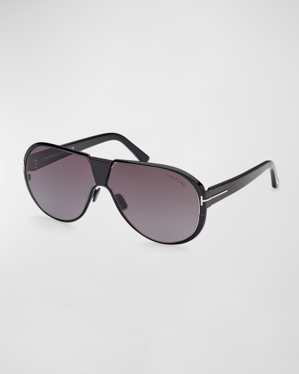 Tom Ford Men's Vicenzo Metal And Acetate Aviator Sunglasses In Shiny Black Smoke